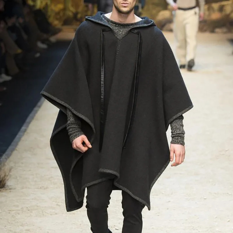 Men's Trench Coats European and American Autumn Youth Fashion Shawl Pullover Cape Fur Coat Winter Cloak Hooded Portable Warm 231012