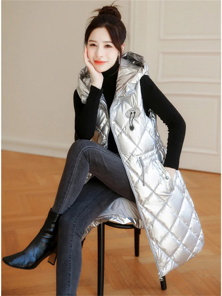 Women's Jackets Light Brown Vest Women Sleeveless Waterproof Free Wash Hooded Cotton Waistcoat Autumn Winter Fashion Long Slim Outwear 231012