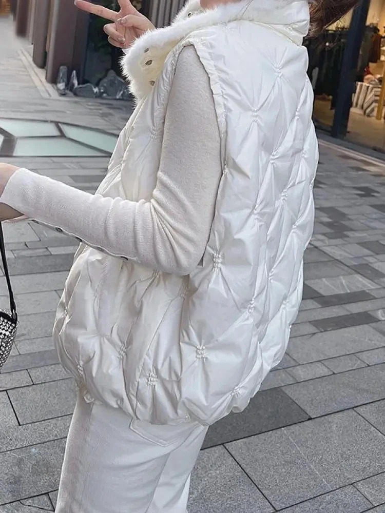 Women's Jackets Autumn Winter Women Mink Hair Short Down Vest Female Embroidery Sleeveless Jacket Coat Stand Collar Button Korean Puffer 231012
