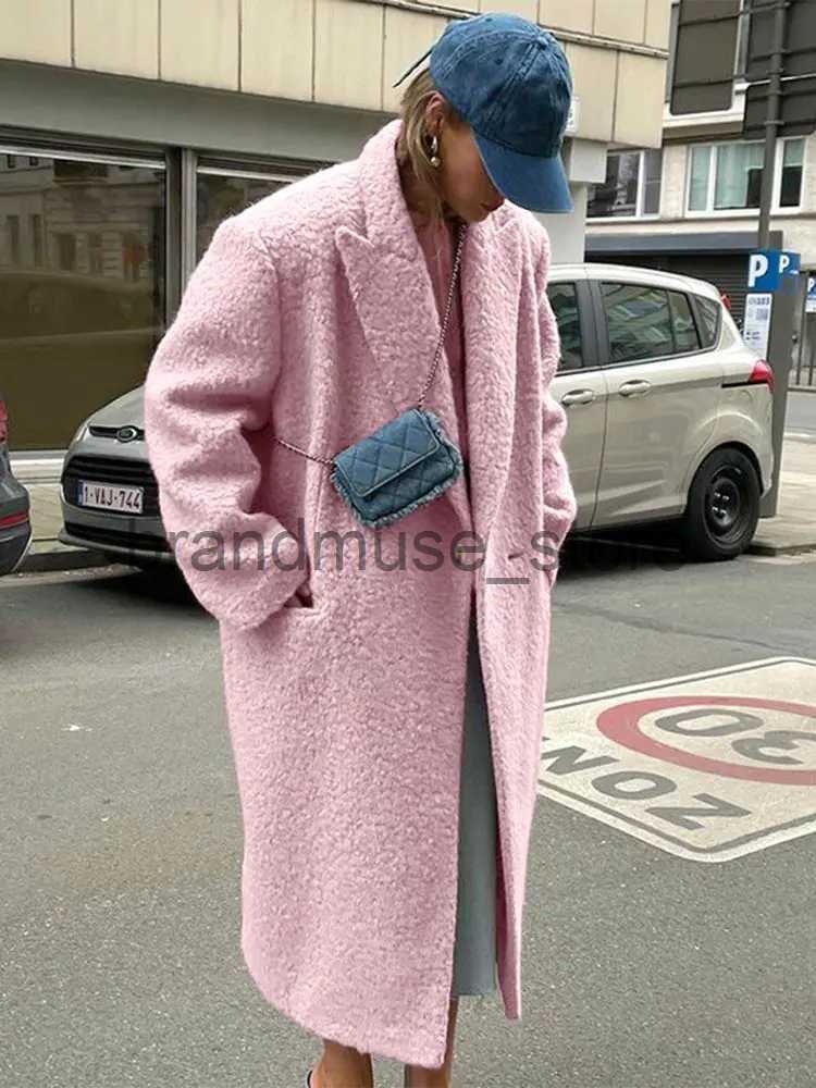 Women's Wool Blends Chic Pink Lapel Woolen Overcoats For Women Elegant Solid Long Sleeve Maxi Coats 2023 Autumn Winter Female Warm Outerwear Jack