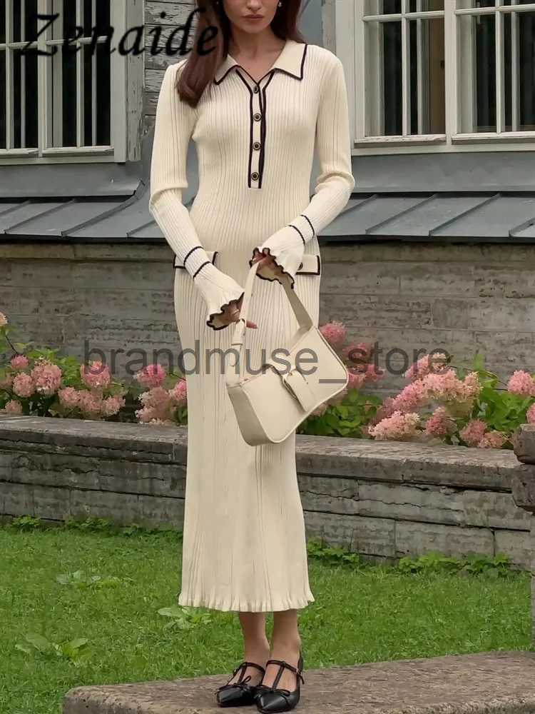 Basic Casual Dresses Zenaide Ruffled Fashion Knit Dress Women Autumn Ribbed Contrast Long Sleeve High Waist Lapel Gown Knitwear Elegant Maxi Dresses J