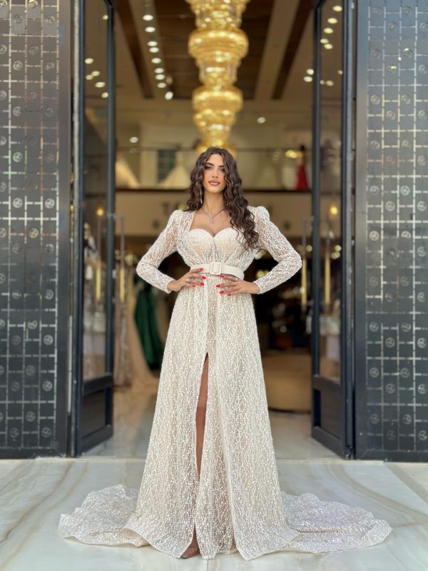 Elegant Ivory Evening A Line Sweetheart Beads Formal Party Prom Dress Long Sleeves Split Dresses for Special Ocn