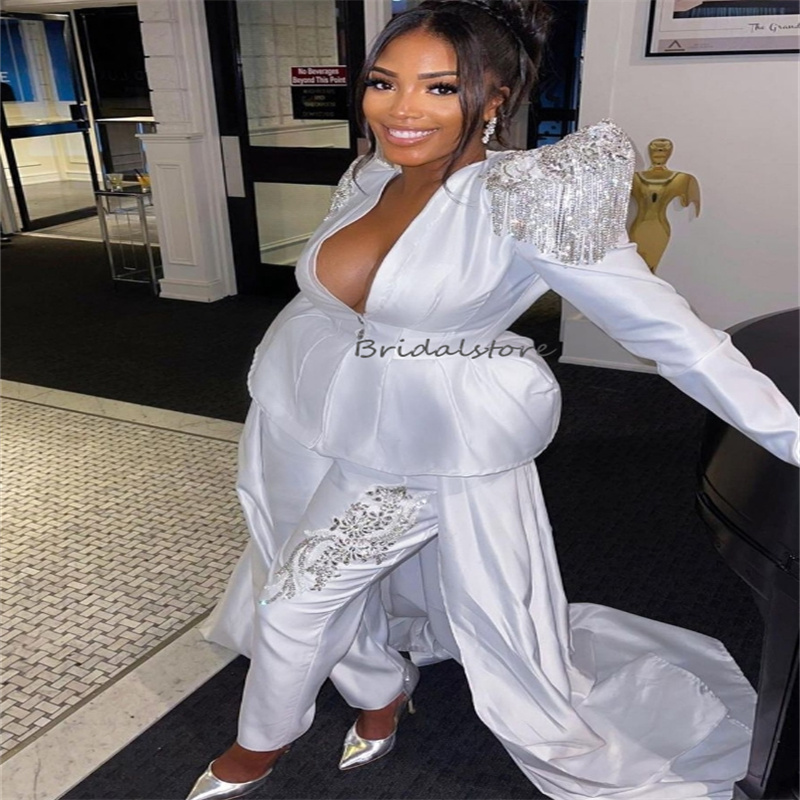 Elegant Nigeria African Jumpsuit Wedding Dress With Overksirt Train Plus Size Long Sleeve Beaded Fall Garden Outfitt Bride Dress Rustic Garden Bridal 