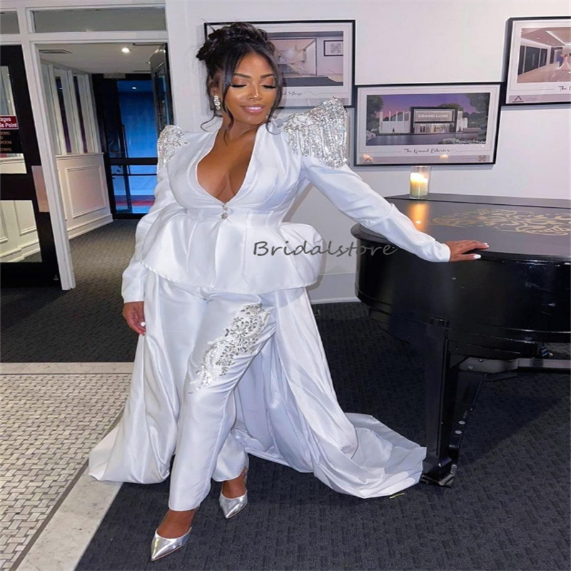 Elegant Nigeria African Jumpsuit Wedding Dress With Overksirt Train Plus Size Long Sleeve Beaded Fall Garden Outfitt Bride Dress Rustic Garden Bridal 