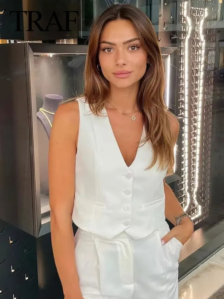 Women's Jackets TRAF 2023 Women Fashion Cropped Waistcoat Solid Single Breasted V Neck Vest Spring Casual Elegant Woman Outerwear Tops 231012