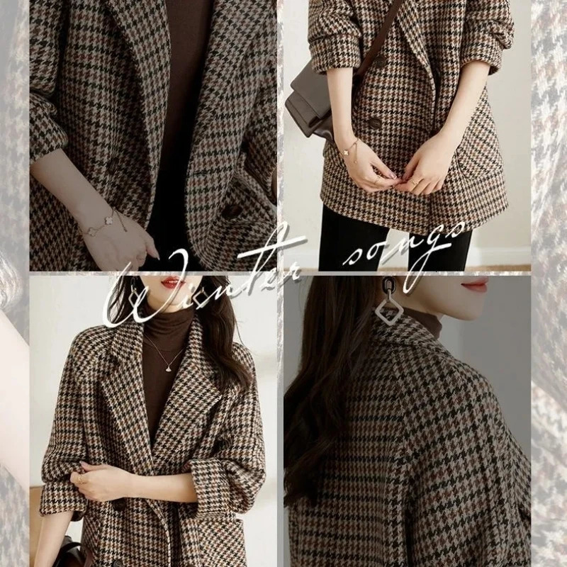 Women's Wool Blends Autumn And Winter Jackets Clothing Plaid Woolen Coats SingleBreasted Loose Overcoat Elegant Female Korean Outerwear 231012