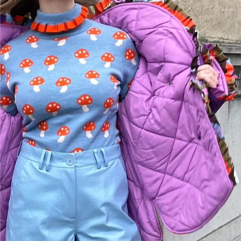 Women's Trench Coats Colorful Ruched Printed Split Cotton Coat Women Long Sleeve Ruffles Thicken Warm Jacket 2023 Autumn Winter Irreg