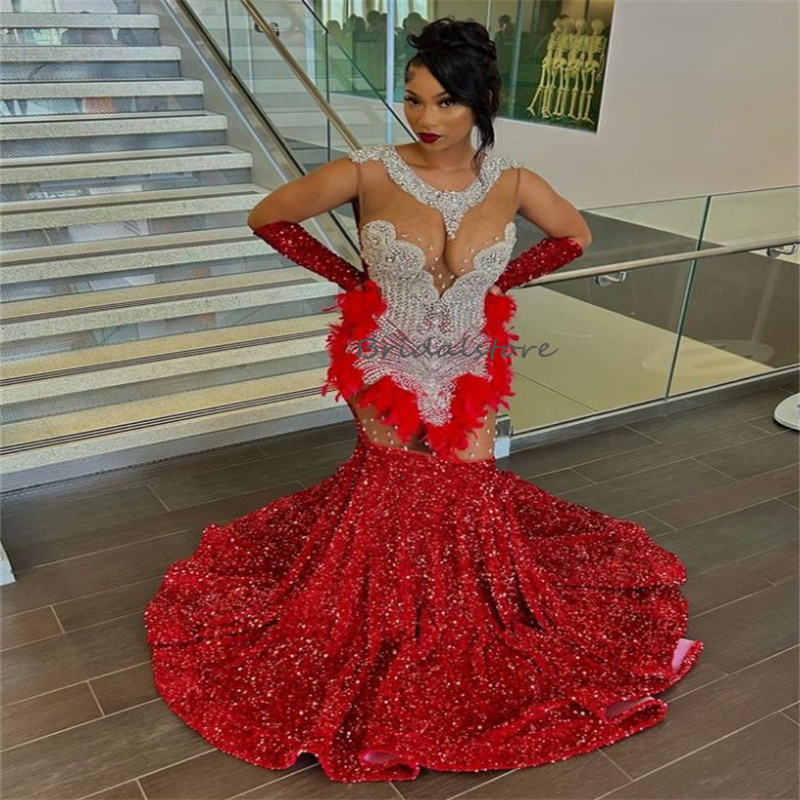 Sparkly Red Sequin Prom Dress For Black Girls 2024 Feather Mermaid Plus Size African Evening Gowns Sexy Open Back Beaded Party Vestidos De Noche Robes