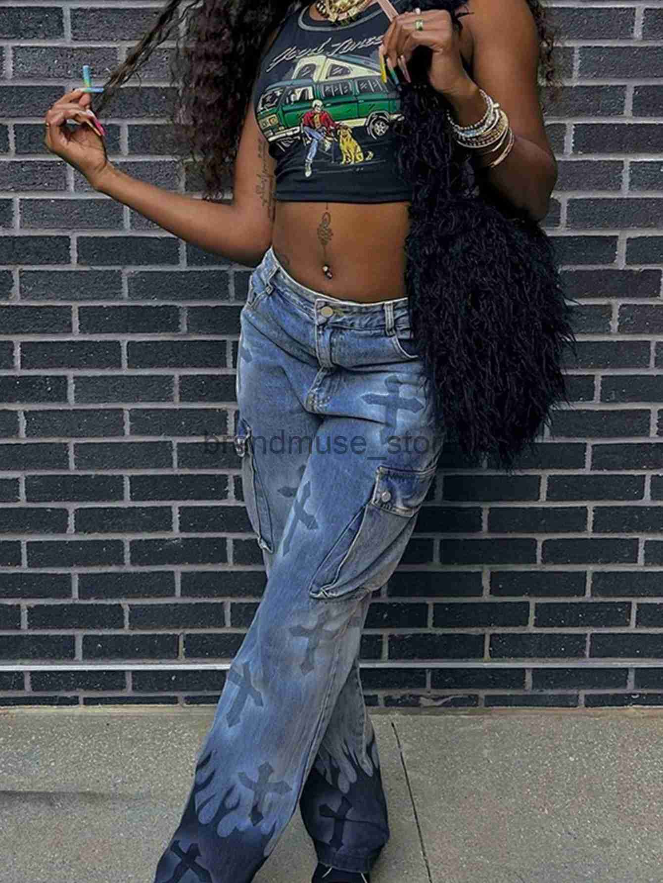 Women's Jeans European And American Women's 2023 Autumn Winter Ins New Printed Cross Flame Pocket Street Hipster Jeans J231013