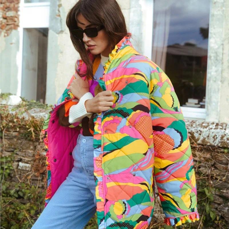 Women's Trench Coats Colorful Ruched Printed Split Cotton Coat Women Long Sleeve Ruffles Thicken Warm Jacket 2023 Autumn Winter Irreg