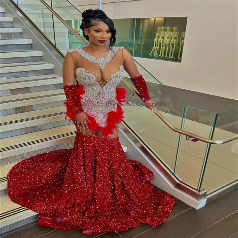 Sparkly Red Sequin Prom Dress For Black Girls 2024 Feather Mermaid Plus Size African Evening Gowns Sexy Open Back Beaded Party Vestidos De Noche Robes