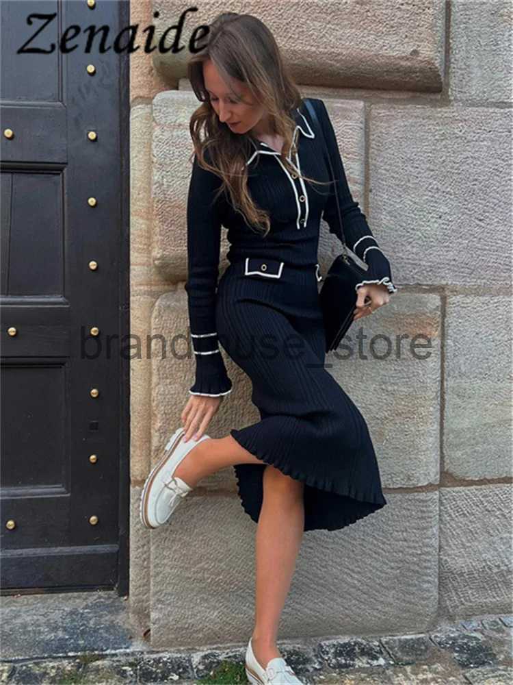 Basic Casual Dresses Zenaide Ruffled Fashion Knit Dress Women Autumn Ribbed Contrast Long Sleeve High Waist Lapel Gown Knitwear Elegant Maxi Dresses J