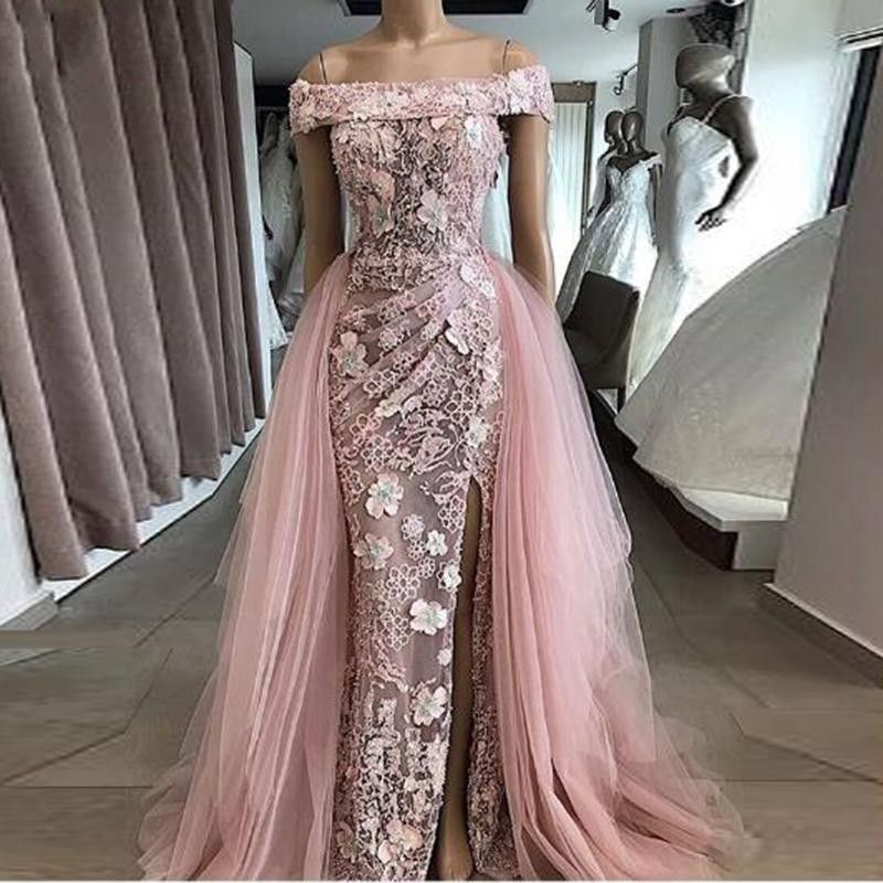 2023 Sexy Mermaid Prom Dresses Pink Off Shoulder Illusion Lace Appliques Flowers Mermaid Side Split Overskirts Party Evening Gowns Sweep Train