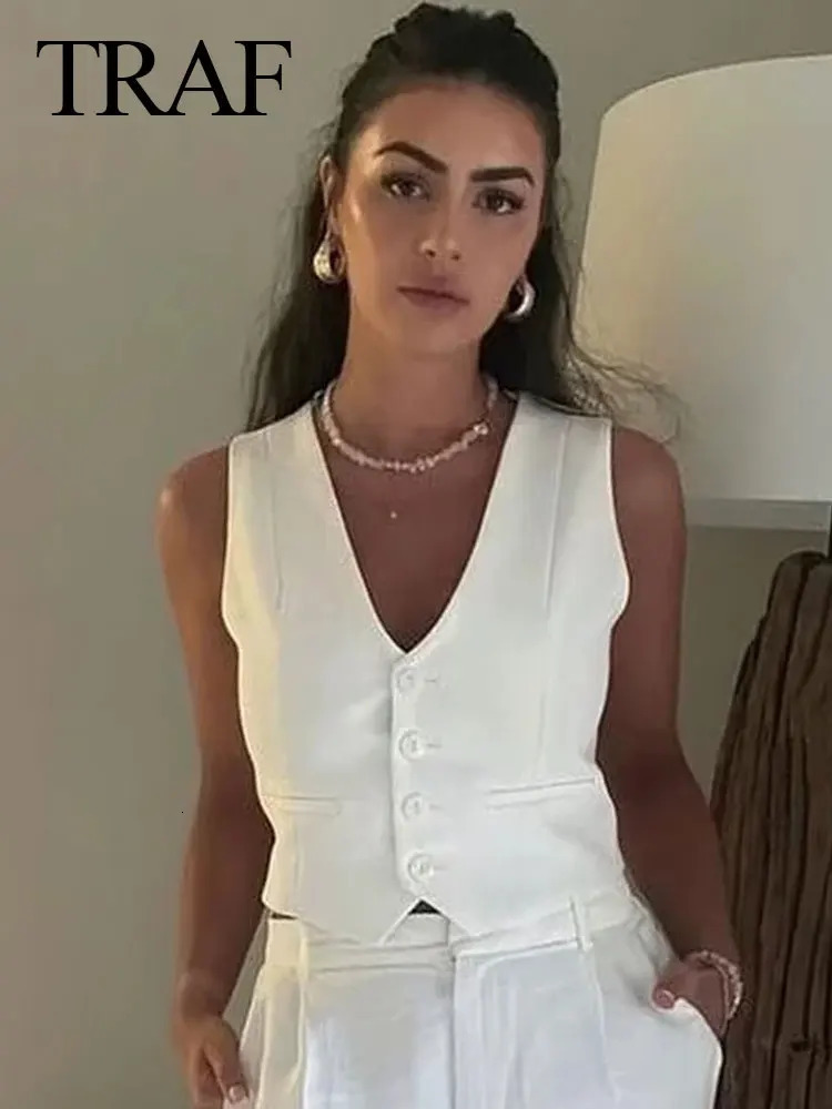 Women's Jackets TRAF 2023 Women Fashion Cropped Waistcoat Solid Single Breasted V Neck Vest Spring Casual Elegant Woman Outerwear Tops 231012
