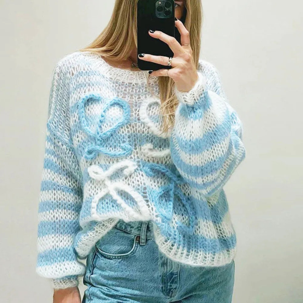 Women's Sweaters Oversize Knitted Rainbow Women Fashion Stripes Contrast Round Neck Pullover Sweater Casual Loose Cute Jumper y2k top