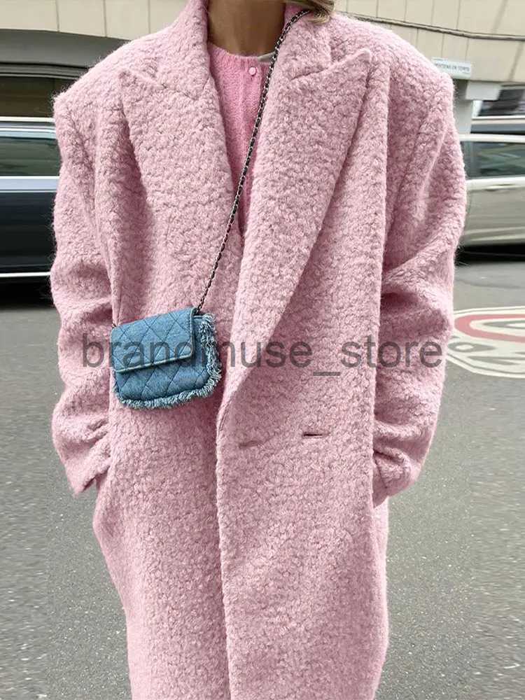 Women's Wool Blends Chic Pink Lapel Woolen Overcoats For Women Elegant Solid Long Sleeve Maxi Coats 2023 Autumn Winter Female Warm Outerwear Jack
