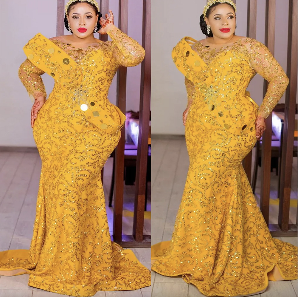 Aso Arabic Ebi Mermaid Yellow Prom Dresses Beaded Crystals Evening Formal Party Second Reception Birthday Engagement Gowns Dress