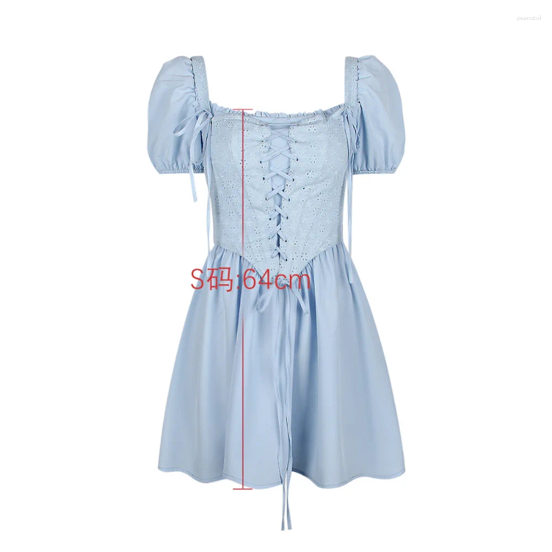 Blue Puff Sleeve Corset Dress For Women, Summer A-E Mini With Lace-Up, Square Neck, Polyester, Casual Elegant Holiday Party B4