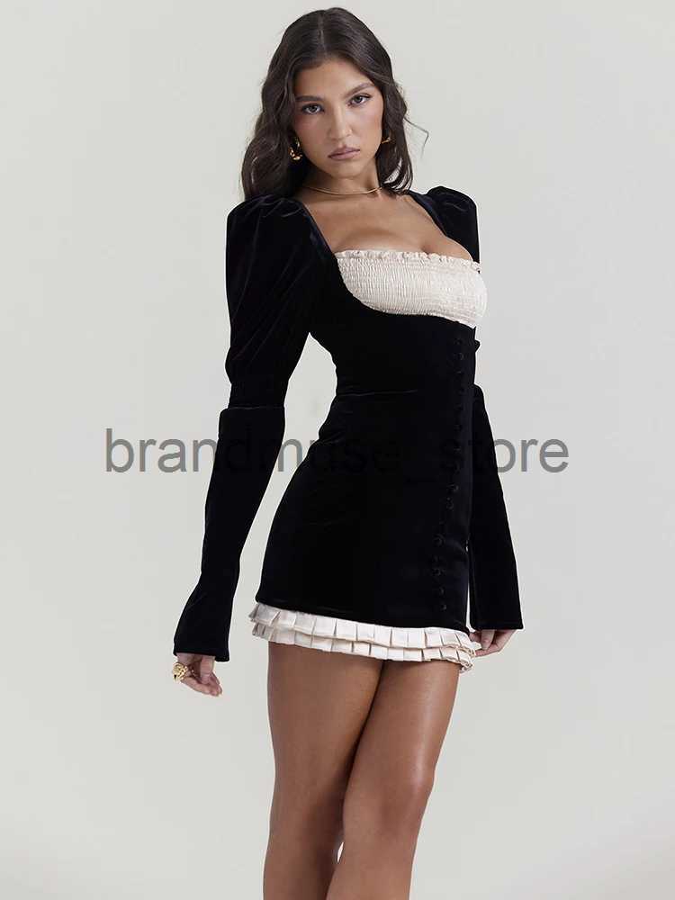 Basic Casual Dresses Mozision Elegant Long Sleeve Backless Sexy Mini Dress Women Autumn Winter New Patchwork Square Collar Bodycon Club Party Dress J2