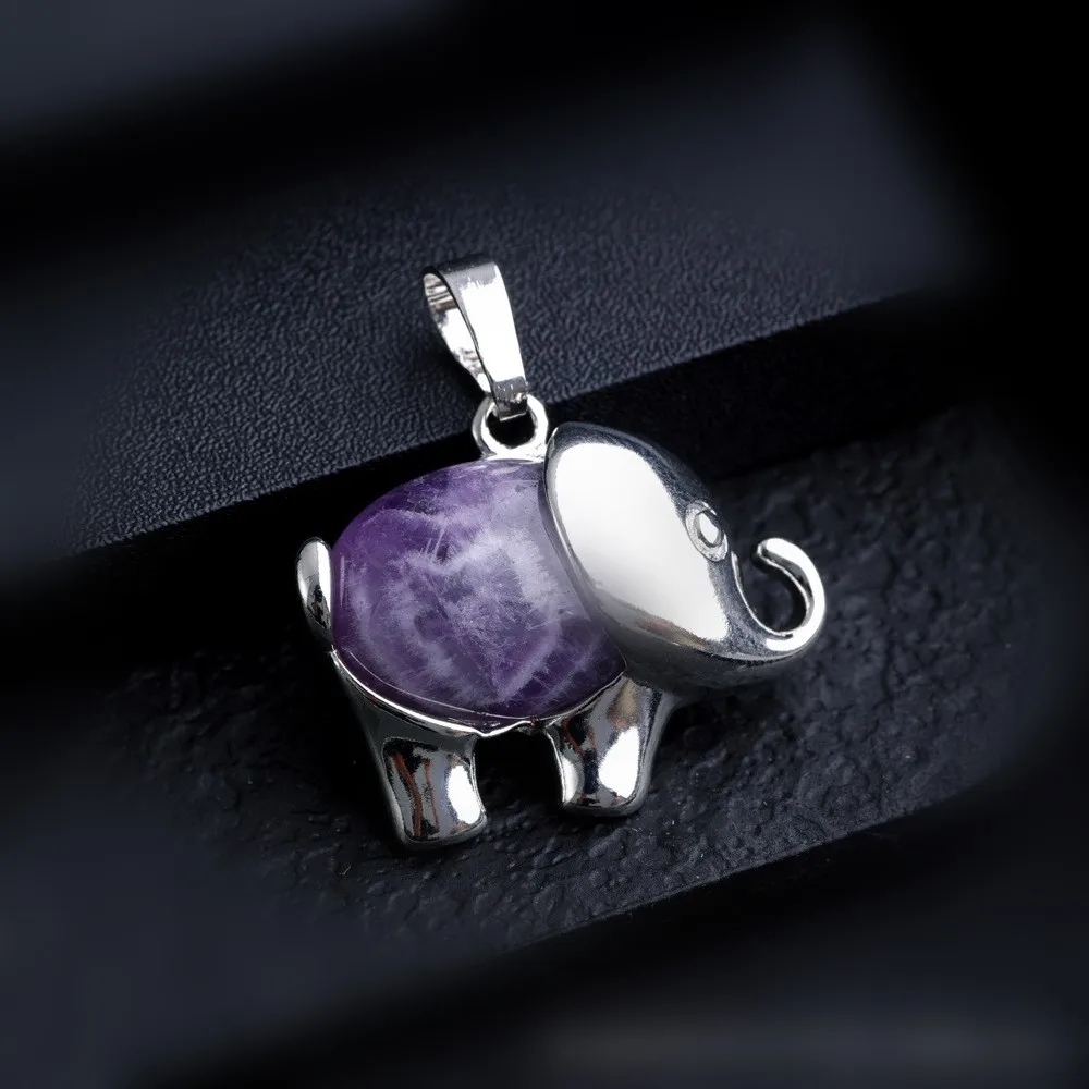 Natural Stone Elephant Pendant Amethyst Rose Quartz Crystal Tiger's Eye Pendant Charms for Jewelry Making Necklaces