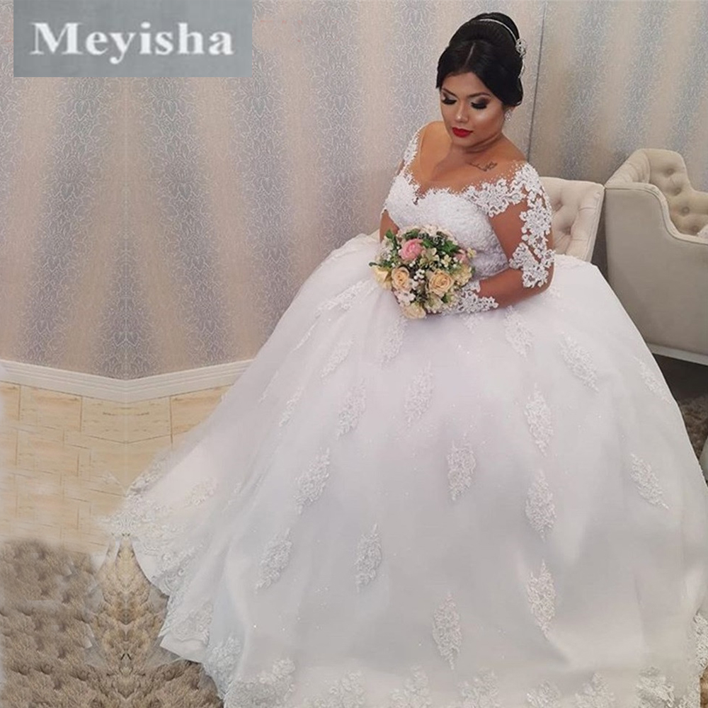 ZJ9336 2024 Long Sleeve Appliques Wedding Dress Tulle Train O-neck Lace Boho For Bride Custom Made Plus Size
