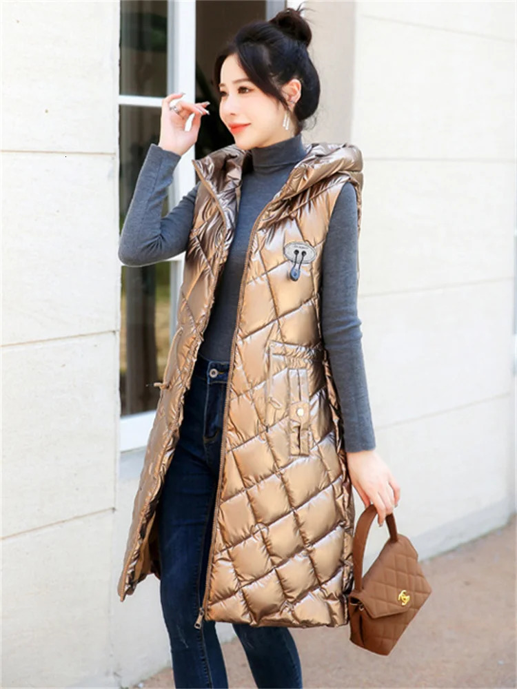 Women's Jackets Light Brown Vest Women Sleeveless Waterproof Free Wash Hooded Cotton Waistcoat Autumn Winter Fashion Long Slim Outwear 231012