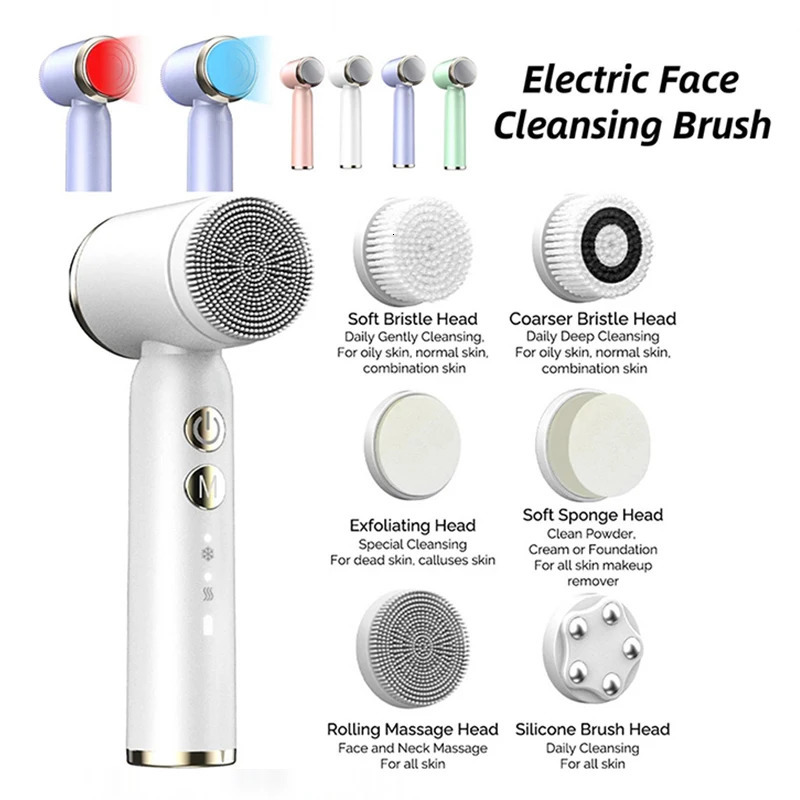 Cleaning Tools Accessories 6 In 1 Ultrasonic Electric Face Cleansing Brush Compress Therapy Exfoliating Pore Cleaner Blackhead Removal 231012