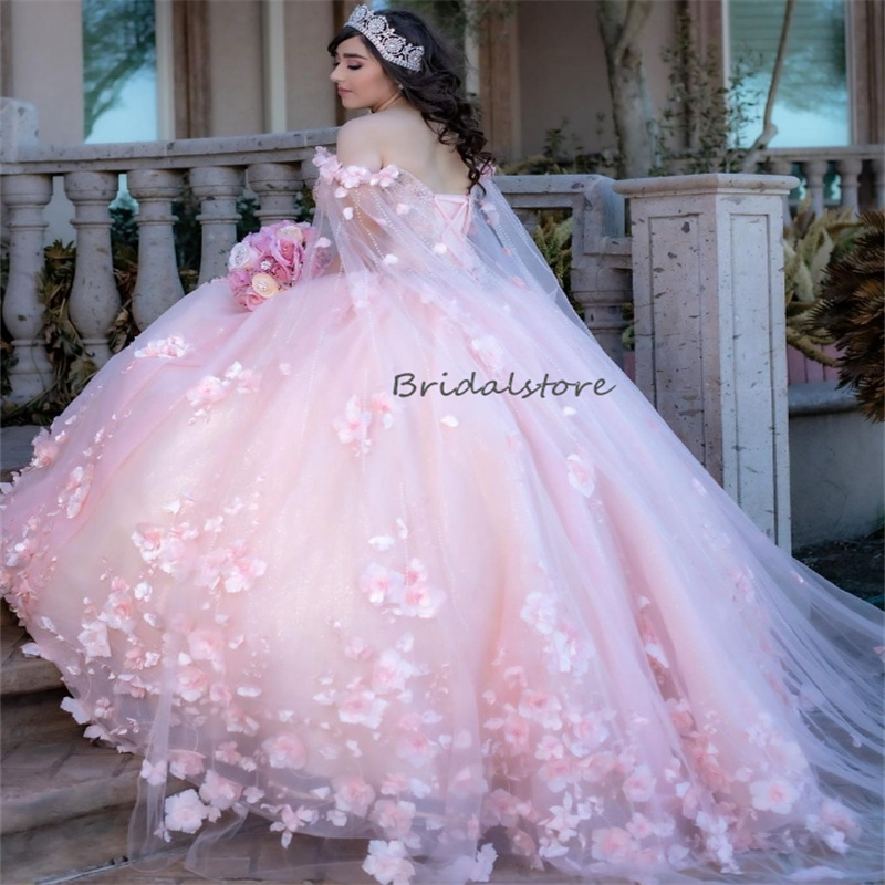 Luxury Charro Pink Quinceanera Dresses With Florals Beaded Caped Sweetheart Bead Ball Gown Mexican Corset Sweet 15 Dress Pageant Vestidos Debutantes M
