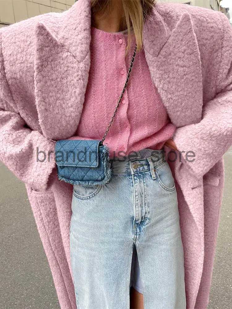 Women's Wool Blends Chic Pink Lapel Woolen Overcoats For Women Elegant Solid Long Sleeve Maxi Coats 2023 Autumn Winter Female Warm Outerwear Jack