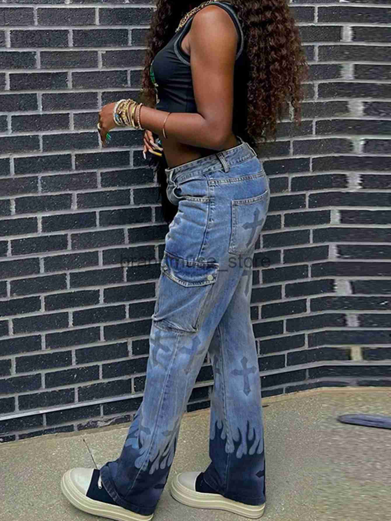 Women's Jeans European And American Women's 2023 Autumn Winter Ins New Printed Cross Flame Pocket Street Hipster Jeans J231013