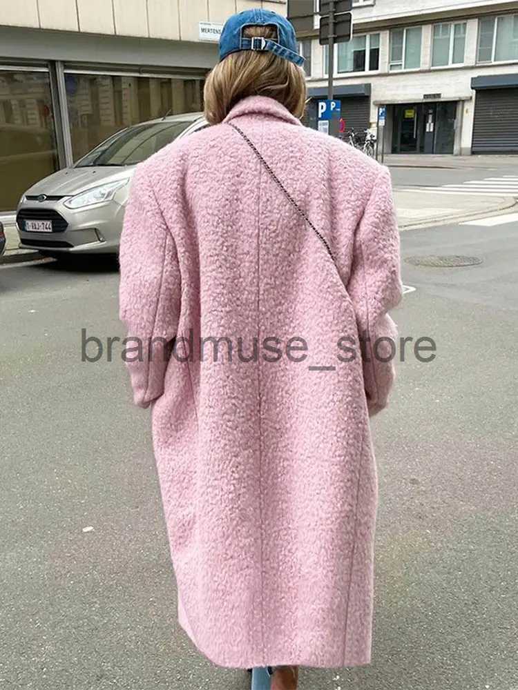 Women's Wool Blends Chic Pink Lapel Woolen Overcoats For Women Elegant Solid Long Sleeve Maxi Coats 2023 Autumn Winter Female Warm Outerwear Jack