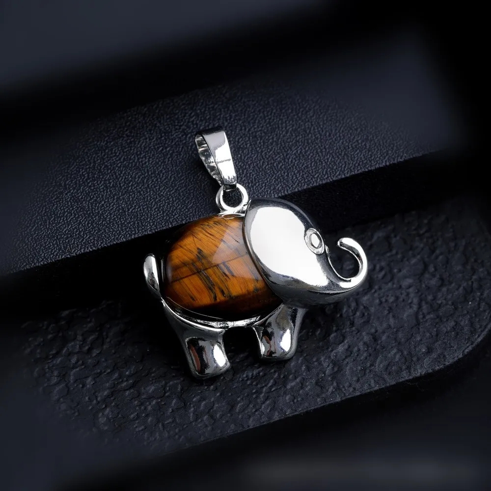 Natural Stone Elephant Pendant Amethyst Rose Quartz Crystal Tiger's Eye Pendant Charms for Jewelry Making Necklaces