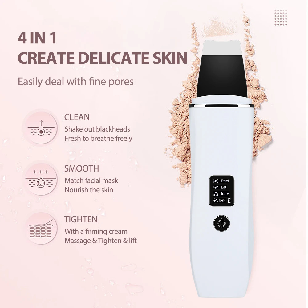 Face Care Devices Ultrasonic Skin Scrubber Blackhead Remover Cleanser 4 Modes Peeling Shovel Face Lifting Tool EMS Spatula Deep Cleansing 231012