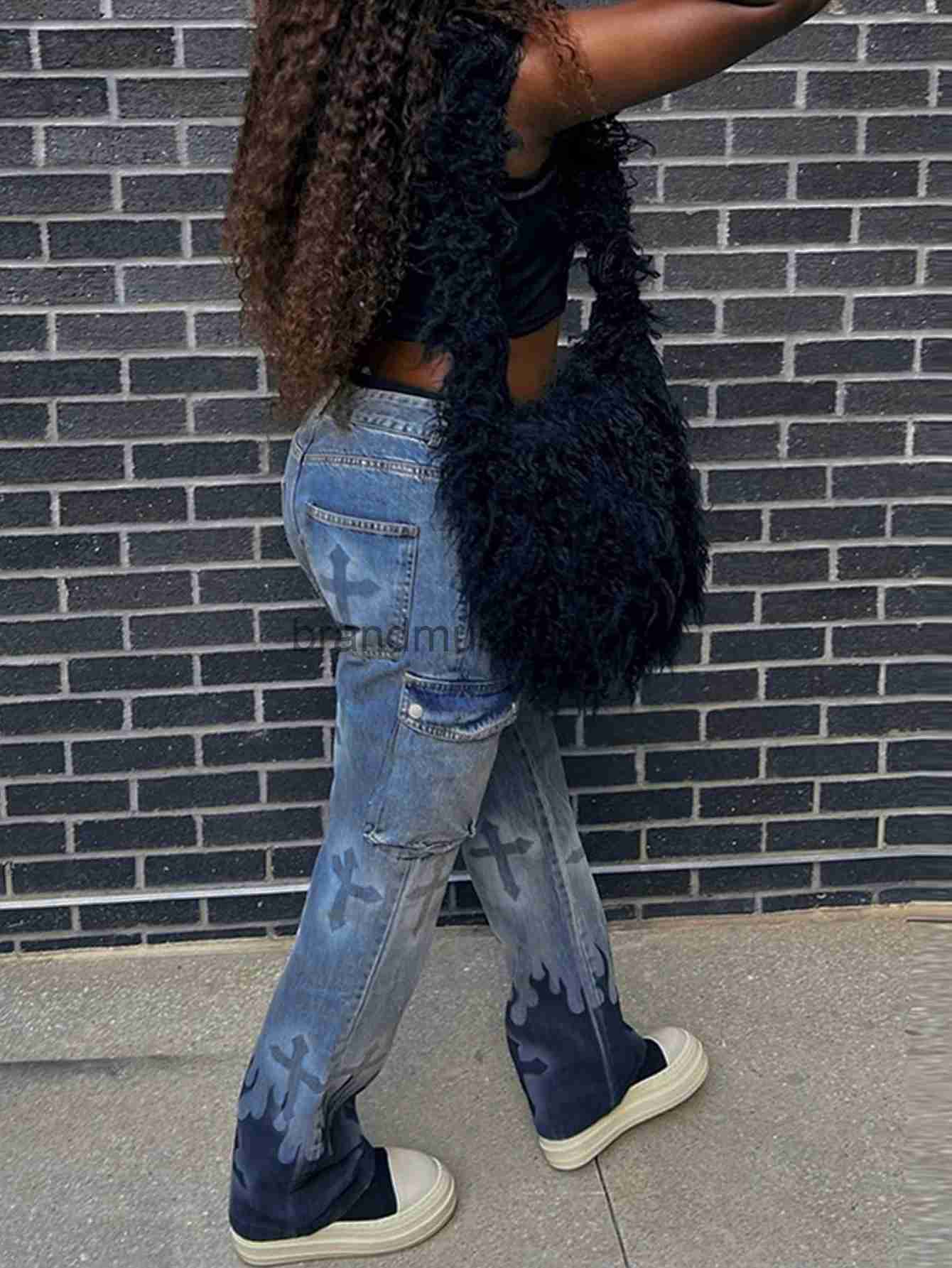 Women's Jeans European And American Women's 2023 Autumn Winter Ins New Printed Cross Flame Pocket Street Hipster Jeans J231013