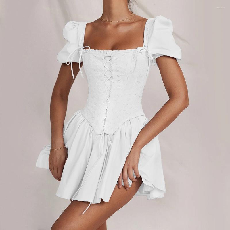 Blue Puff Sleeve Corset Dress For Women, Summer A-E Mini With Lace-Up, Square Neck, Polyester, Casual Elegant Holiday Party B4