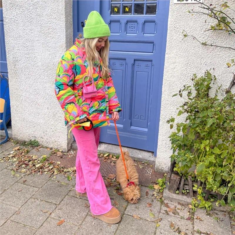 Women's Trench Coats Colorful Ruched Printed Split Cotton Coat Women Long Sleeve Ruffles Thicken Warm Jacket 2023 Autumn Winter Irreg