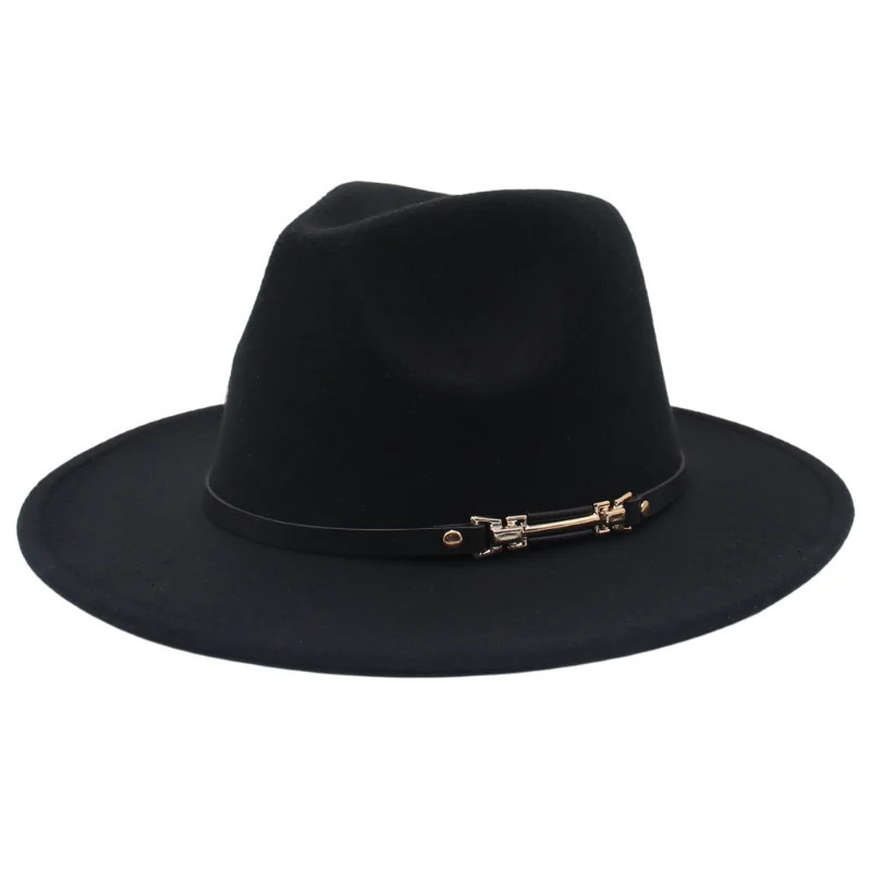 Wide Brim Hats Bucket Alloy Fish Bone Belt Decor Felt Hat British Flat Women Fedora Casual Trilby Classic Dress For Men Retro Jazz 231012