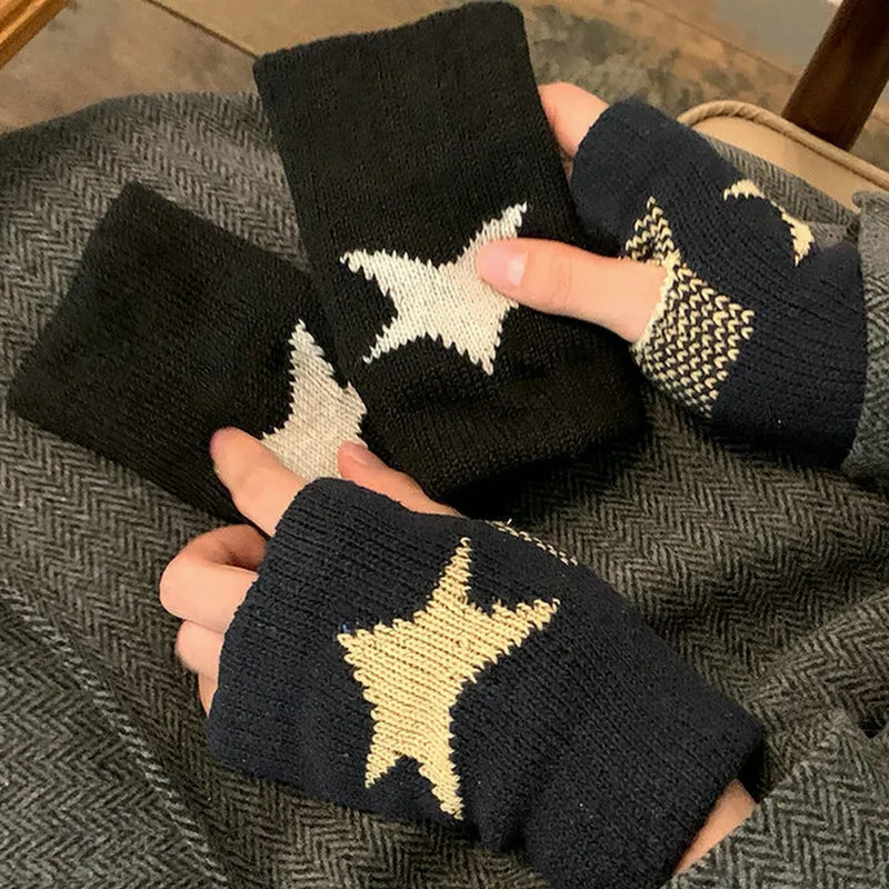 Five Fingers Gloves Y2K Fashion Pentagram Knitted Fingerless Winter Soft Warm Wool Knitting Arm Flexible Hand Warmer for Men Women 231012