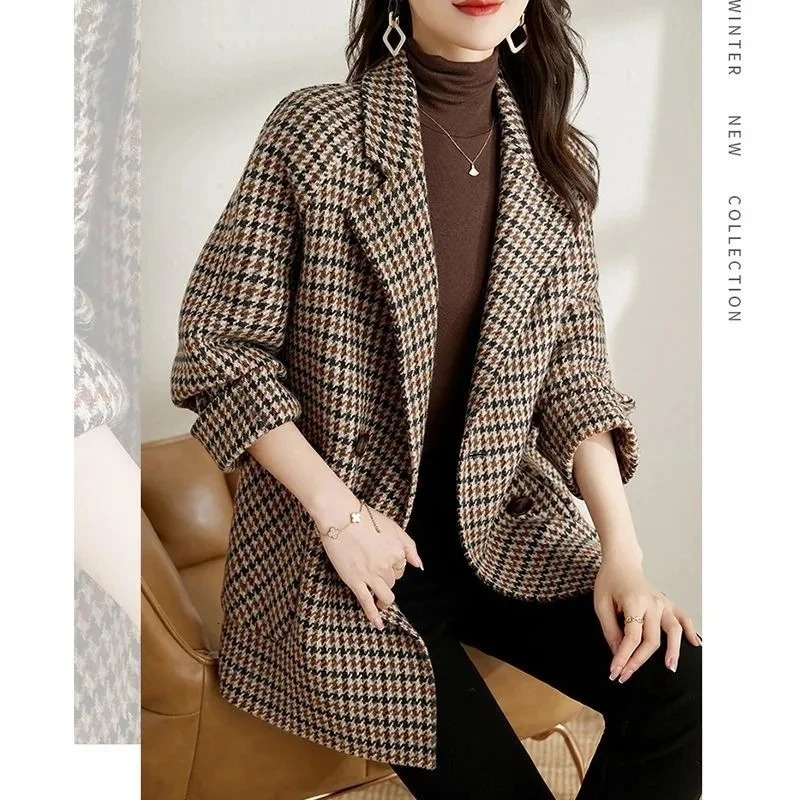 Women's Wool Blends Autumn And Winter Jackets Clothing Plaid Woolen Coats SingleBreasted Loose Overcoat Elegant Female Korean Outerwear 231012