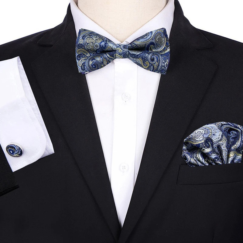 Bow Ties Bowtie Pocket Square Cufflinks 3pcs Set Fit Business Gift Wedding Red Blue Beige Bow Tie With Handkerchief Suit Set Cravats 231012
