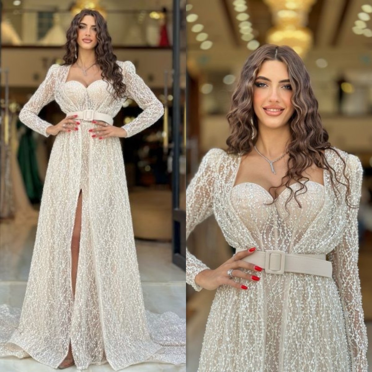 Elegant Ivory Evening A Line Sweetheart Beads Formal Party Prom Dress Long Sleeves Split Dresses for Special Ocn