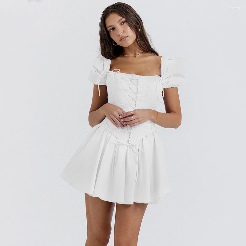 Blue Puff Sleeve Corset Dress For Women, Summer A-E Mini With Lace-Up, Square Neck, Polyester, Casual Elegant Holiday Party B4