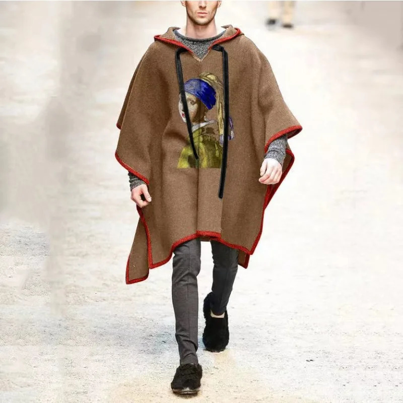 Men's Trench Coats European and American Autumn Youth Fashion Shawl Pullover Cape Fur Coat Winter Cloak Hooded Portable Warm 231012