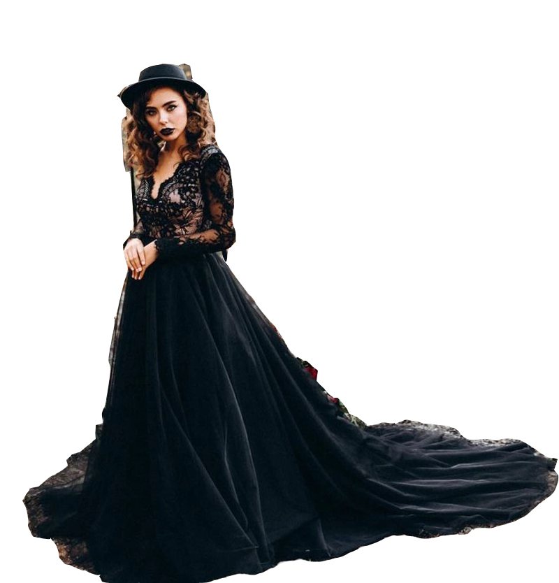 2023 Gothic Black A Line Wedding Dresses V Neck With Long Sleeves Illusion Western Country Sexy Deep V Neck Open Back Bridal Gowns Lace Court Train Vi