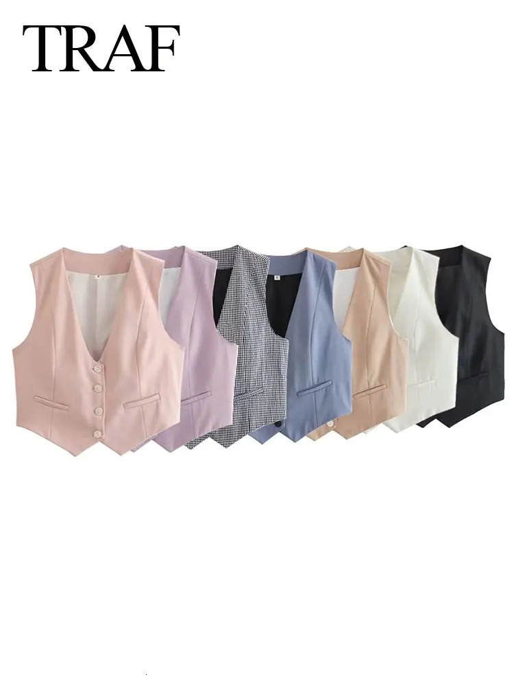 Women's Jackets TRAF 2023 Women Fashion Cropped Waistcoat Solid Single Breasted V Neck Vest Spring Casual Elegant Woman Outerwear Tops 231012