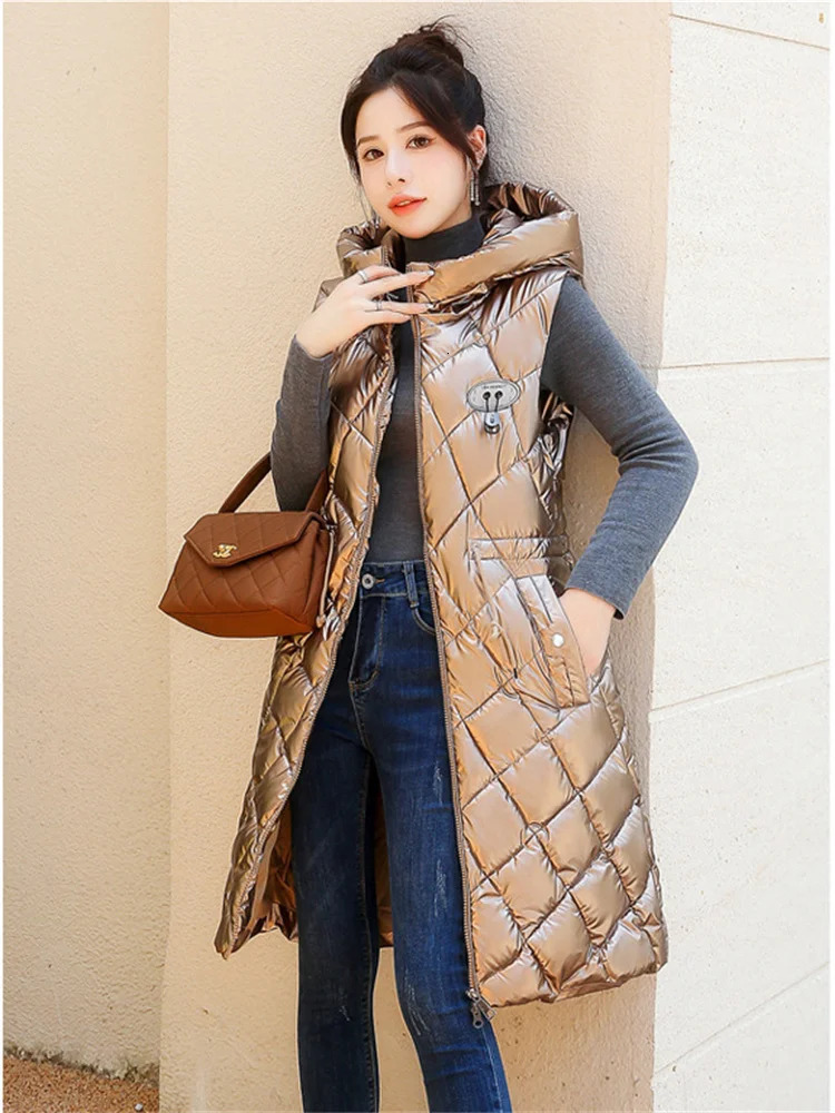 Women's Jackets Light Brown Vest Women Sleeveless Waterproof Free Wash Hooded Cotton Waistcoat Autumn Winter Fashion Long Slim Outwear 231012