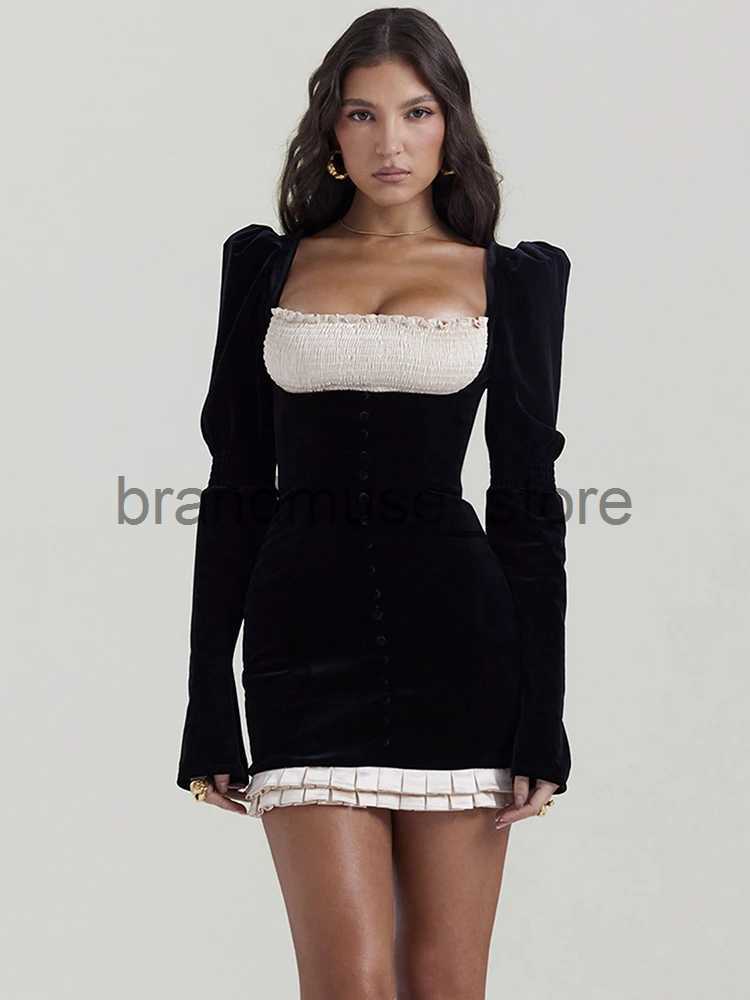 Basic Casual Dresses Mozision Elegant Long Sleeve Backless Sexy Mini Dress Women Autumn Winter New Patchwork Square Collar Bodycon Club Party Dress J2