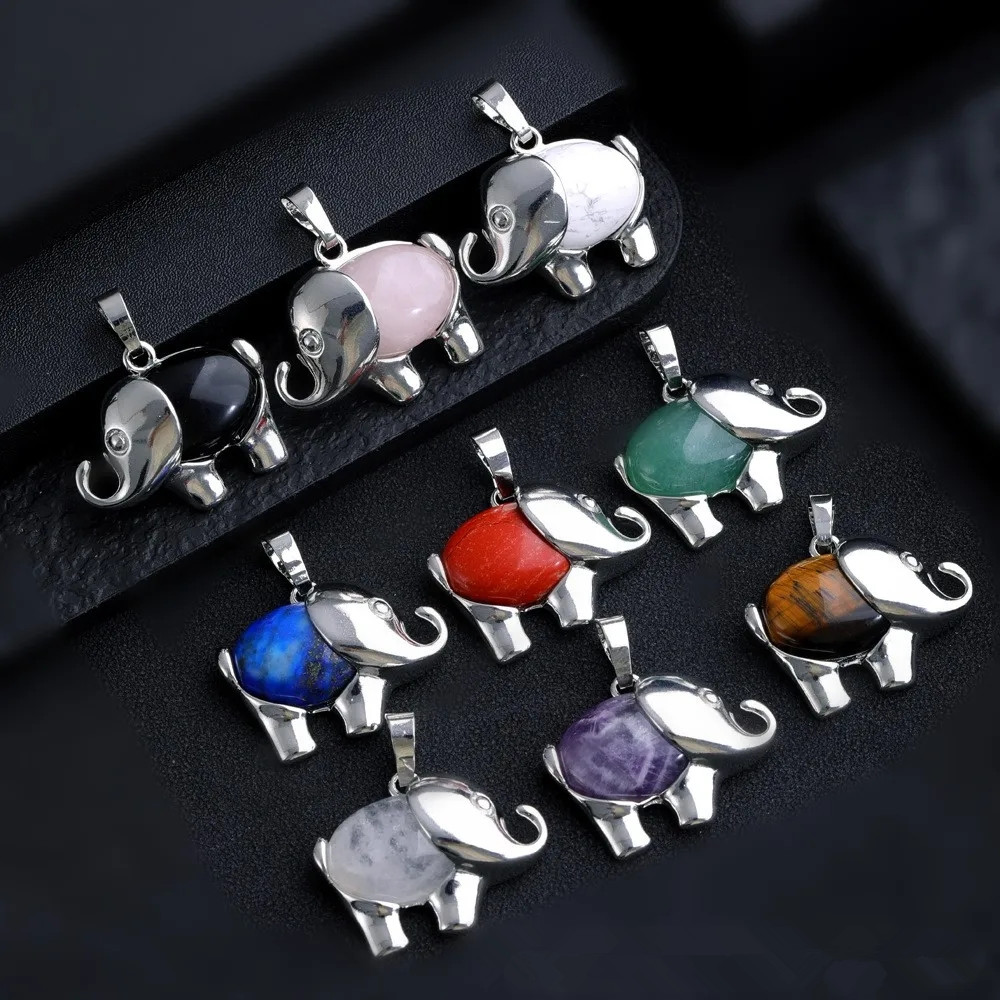 Natural Stone Elephant Pendant Amethyst Rose Quartz Crystal Tiger's Eye Pendant Charms for Jewelry Making Necklaces