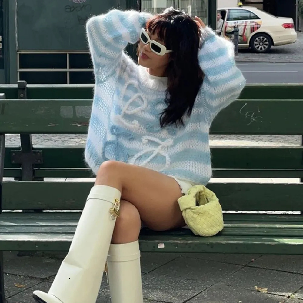 Women's Sweaters Oversize Knitted Rainbow Women Fashion Stripes Contrast Round Neck Pullover Sweater Casual Loose Cute Jumper y2k top
