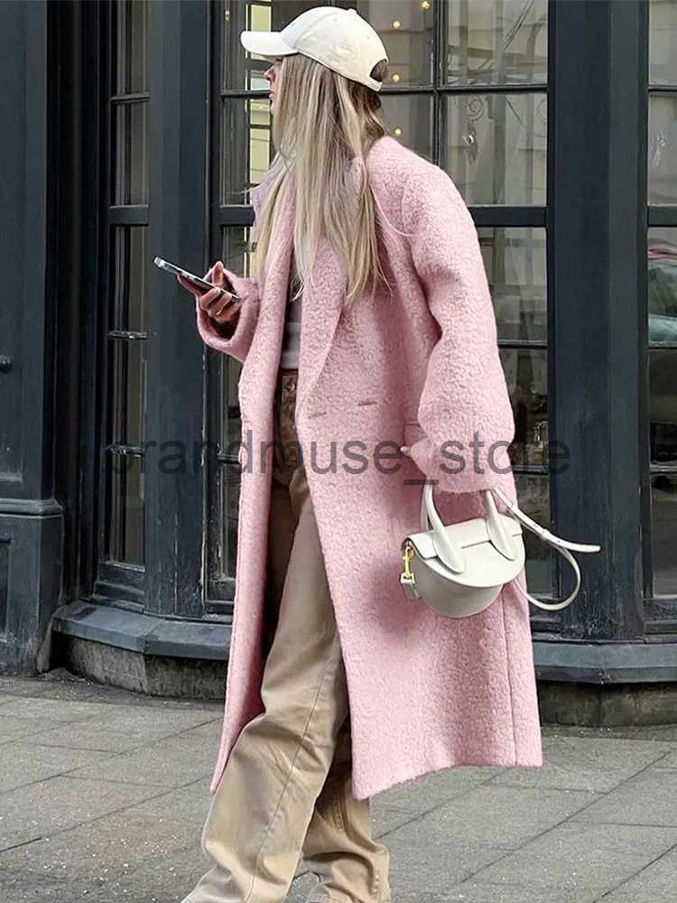 Women's Wool Blends Chic Pink Lapel Woolen Overcoats For Women Elegant Solid Long Sleeve Maxi Coats 2023 Autumn Winter Female Warm Outerwear Jack